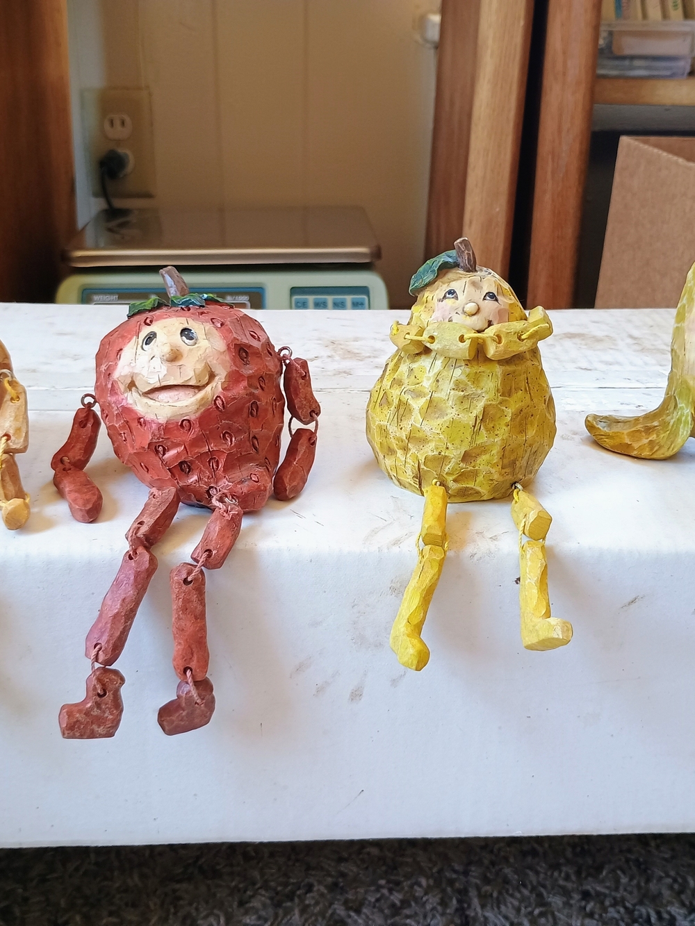Vintage Anthromorphic Resin Fruit Shelf In Sitters With Dangle Legs Set Of Eight